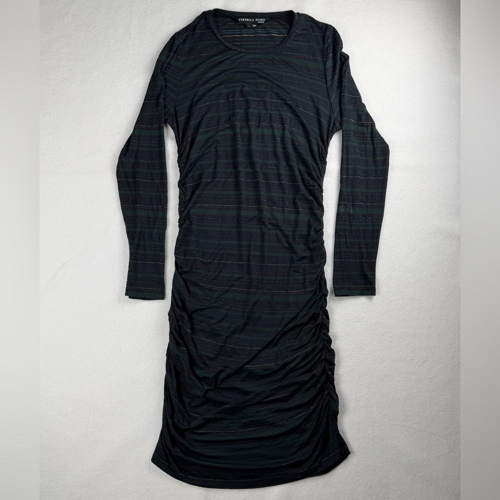 Veronica Beard Jeans Women's Daphne Ruched Striped Dress Black Green Large - Picture 7 of 10